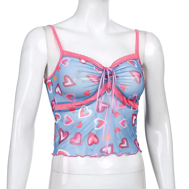 Sweetown Pink Cute Mesh Halter Tops Women Flower Print Y2K Aesthetic Kawaii Clothes Sleeveless Backless Sexy 2000s Crop Top