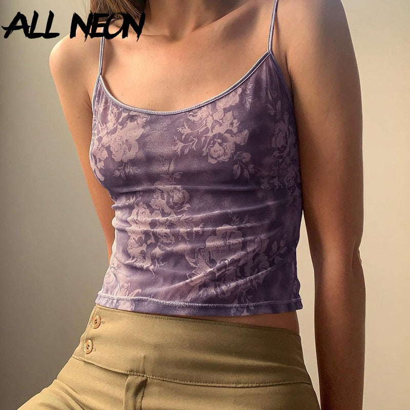 ALLNeon Vintage 2000s Floral Pattern Purple Crop Tops Y2K Aesthetics Summer Spaghetti Straped Backless Mesh Cami Cute Sleeveless